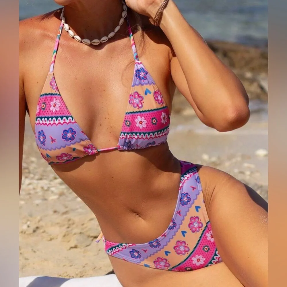 NWOT Colorblock Purple Orange Pink Stripe Floral Print Bikini Set Size Large